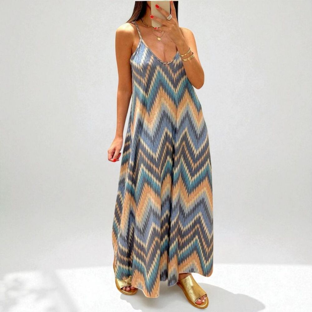 Coco Made in Italy Maxi Dress L Zigzag Ikat Print Teal Boho Gypsy Summer Dress